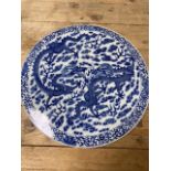 A BLUE AND WHITE CIRCULAR CHINESE PORCELAIN PLAQUE WITH DETAILED CHASING DRAGONS 37CM DIAMETER