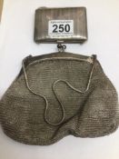 A VINTAGE SILVER PLATED CHAIN MESH BAG WITH A SILVER PLATED CIGARETTE CASE