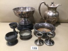 A QUANTITY OF SILVER PLATE ITEMS, WINE COASTER AND SQUASH CANDLESTICKS AND MORE