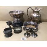 A QUANTITY OF SILVER PLATE ITEMS, WINE COASTER AND SQUASH CANDLESTICKS AND MORE