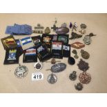 MIXED MILITARY BADGES AND OTHERS WITH CLOTH MINIATURE WORLD COAT OF ARMS AND VINTAGE SCHOLAR TICKETS