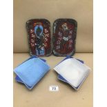 PAIR OF CARLTON WARE ART DECO LOZENGE SHAPED DISHES WITH A PAIR OF ART POTTERY RECTANGULAR PLAQUES