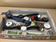 A QUANTITY OF WATCHES, SWATCH, POCKET, FAVRE-LEUBA, INGERSOL WITH COMPASS AND POCKET WATCH FOR THE