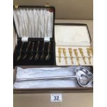 BOXED JANIS COLLECTION 24 CARAT GOLD PLATED COCKTAIL FORKS WITH OTHER SPOONS