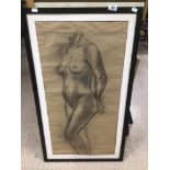 A FRAMED CHARCOAL LIFE DRAWING OF A NUDE LADY 56 X 100