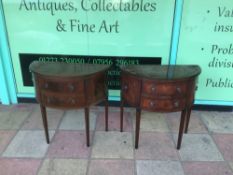 A PAIR OF REPRODUCTION MAHOGANY DEMI-LUNE/HALF MOON TWO DRAW TABLES 86 X 43 X 88CM