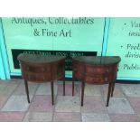 A PAIR OF REPRODUCTION MAHOGANY DEMI-LUNE/HALF MOON TWO DRAW TABLES 86 X 43 X 88CM