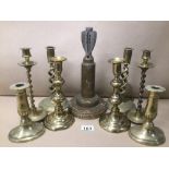 A QUANTITY OF BRASSWARE ITEMS INCLUDES CANDLESTICKS