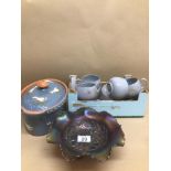 MIXED BOX WITH DENBY (REFLECTIONS) AND CARNIVAL GLASS BOWL