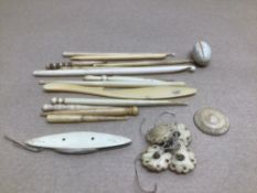A QUANTITY OF 19TH CENTURY BONE AND IVORY ITEMS INCLUDES MAINLY SEWING RELATED ITEMS £15 P/P