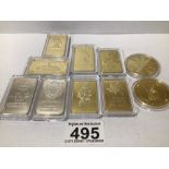 A QUANTITY OF REPRO GOLD AND SILVER METAL BARS AND COINS, UK P&P £15