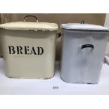 TWO ENAMEL VINTAGE BREAD BINS, CREAM, WHITE