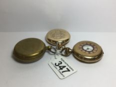 THREE POCKET WATCHES TWO GOLD PLATED HALF HUNTER ELGIN AND DENNISON FULL HUNTER, BRASS BY GLOBE