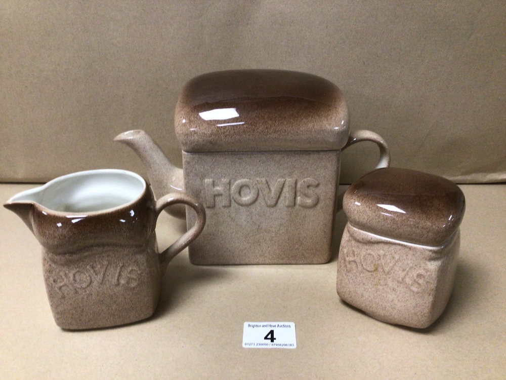 A VINTAGE CARLTON WARE HOVIS TEAPOT, SUGAR BOWL, AND MILK JUG