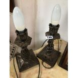 A PAIR OF BEATED METAL LIGHTS SHAPES OF CANDLESTICKS 37CM