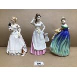 THREE ROYAL DOULTON FIGURINES JANE (HN3260) DAIRY MAID (HN4249) AND TAKE ME HOME (HN3662), UK P&P £