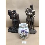 TWO RESIN FIGURAL GROUPS LARGEST 35CM WITH A PORTMEIRION (BOTANICAL GARDEN VASE) 16CM