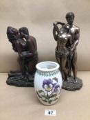 TWO RESIN FIGURAL GROUPS LARGEST 35CM WITH A PORTMEIRION (BOTANICAL GARDEN VASE) 16CM