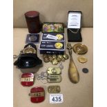 A MIXED LOT OF ANTIQUE AND LAYER COLLECTABLES TO INCLUDE PUTER WATCH, BUTTONS AND POSTBOX BISCUIT