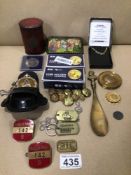 A MIXED LOT OF ANTIQUE AND LAYER COLLECTABLES TO INCLUDE PUTER WATCH, BUTTONS AND POSTBOX BISCUIT