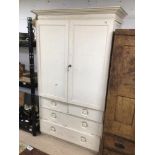A VICTORIAN WHITE PAINED LINEN PRESS WITH DRAWERS FULL OF CONTENTS, LOCKS, BRASS DOOR HANDLES AND