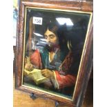 AN ANTIQUE CHRISTOLEAN REVERSE PAINTING ON GLASS (ST LUKE) 33 X 43CM