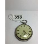 A HALLMARKED SILVER VICTORIAN PERIOD CHESTER 1875 OPEN FACE POCKET WATCH WITH ROMAN NUMERALS, UK P&P