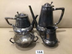 AN ART NOUVEAU PEWTER FOUR PIECE TEA AND COFFEE SERVICE BY HUTTON OF SHEFFIELD, UK P&P £15