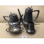 AN ART NOUVEAU PEWTER FOUR PIECE TEA AND COFFEE SERVICE BY HUTTON OF SHEFFIELD, UK P&P £15