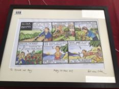 A SIGNED FRAMED AND GLAZED CARTOON BY OLIVER PRESTON 11/850 PRESENTED TO KENNETH AND MARY, XMAS 2007