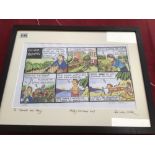 A SIGNED FRAMED AND GLAZED CARTOON BY OLIVER PRESTON 11/850 PRESENTED TO KENNETH AND MARY, XMAS 2007