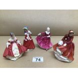 FOUR SMALL ROYAL DOULTON FIGURINES EMMA (HN3208) SOUTHERN BELLE (HN3174) CHRISTMAS MORN (HN3212) AND