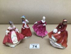 FOUR SMALL ROYAL DOULTON FIGURINES EMMA (HN3208) SOUTHERN BELLE (HN3174) CHRISTMAS MORN (HN3212) AND