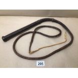 A VINTAGE LEATHER BULL WHIP 206CM IN LENGTH (£15 P&P UK)