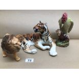 TWO BESWICK ANIMAL PORCELAIN FIGURES LION 24 X 15CM, WOODPECKER 21CM, AND A USSR TIGER 30CM, UK P&