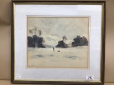 A FRAMED AND GLAZED SIGNED WATERCOLOUR BY JAN CLUTTERBUCK 47 X 42CM