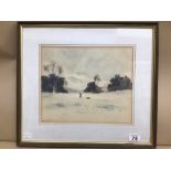 A FRAMED AND GLAZED SIGNED WATERCOLOUR BY JAN CLUTTERBUCK 47 X 42CM