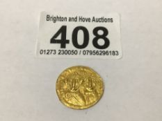 A BYZANTINE GOLD COIN OF HERACLIUS AND HERACLIUS CONSTANTINE AV SOLIDUS 4.35 GRAMS, 2CM DIAMETER, UK