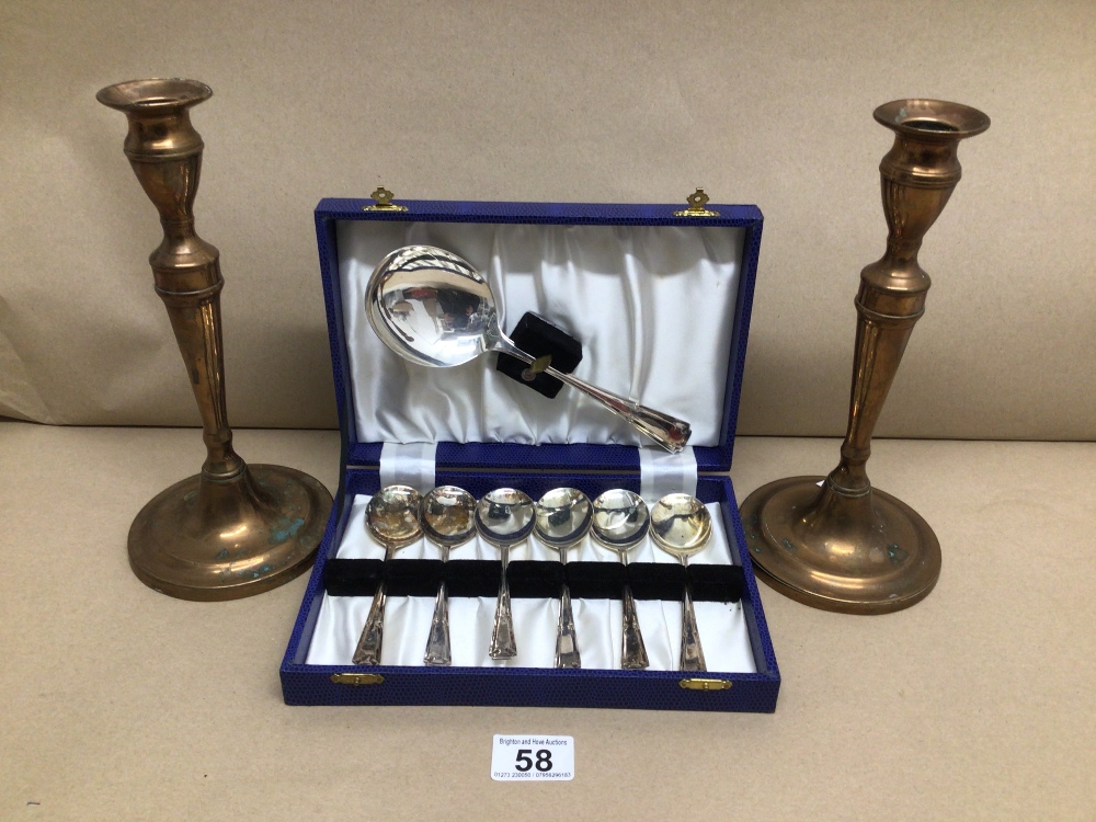 TWO BRONZE CANDLESTICKS 26CM WITH A CASED SET OF EPNS SPOONS, UK P&P £15