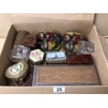 A MIXED BOX OF ITEMS, BOXES, BUTTONS, WALL SCONCES.