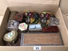 A MIXED BOX OF ITEMS, BOXES, BUTTONS, WALL SCONCES.