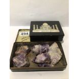 RAW AMETHYST CRYSTALS WITH VINTAGE INLAID TAJ MAHAL STONE BOX, UK P&P £15