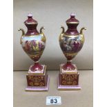 TWO MINIATURE HAND PAINTED FRENCH URNS 22CM A/F WITH CLASSICAL SCENES, UK P&P £15