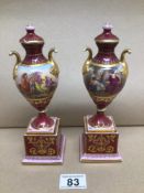 TWO MINIATURE HAND PAINTED FRENCH URNS 22CM A/F WITH CLASSICAL SCENES, UK P&P £15