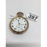 A 10 CARAT GOLD PLATED OPEN FACED POCKET WATCH CIRCULAR WHITE DIAL, ROMAN NUMERALS GOLD TONE HANDS