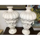 A PAIR OF LARGE CHALK URNS A/F 62CM