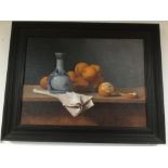 A FRAMED PICTURE BY CASPER HALL TITLED STILL LIFE WITH ORANGES 70 X 55CM