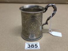 A VICTORIAN PEROID HALLMARKED SILVER ENGRAVED CIRCULAR CHRISTENING MUG WITH A SEAHORSE HANDLE BY