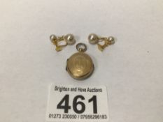 A GILT MOURNING LOCKET WITH 9CT GOLD SIMULATED PEARL EARRINGS, UK P&P £15