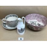 AN ADAM'S FARMER'S ARM'S CUP AND SAUCER, LUSTRE GLAZED SHIPWRIGHTS ARMS BOW 21CM AND A TRUSTED
